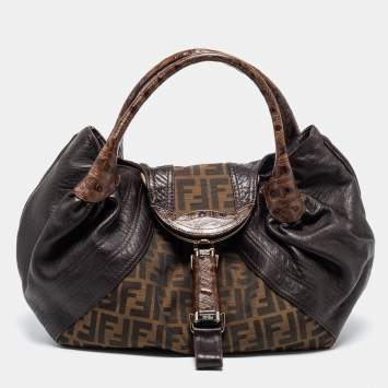 Pre Owned Fendi Tobacco Zucca Canvas and Textured Leather Spy Bag