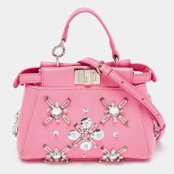 Pre Owned Fendi Pink Leather Micro Peekaboo Embellished Crossbody Bag