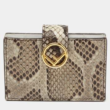 Pre Owned Fendi Grey/Brown Python and Leather F Gusseted Card Holder