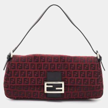Pre Owned Fendi Red Zucchino Canvas Mama Forever Baguette Bag