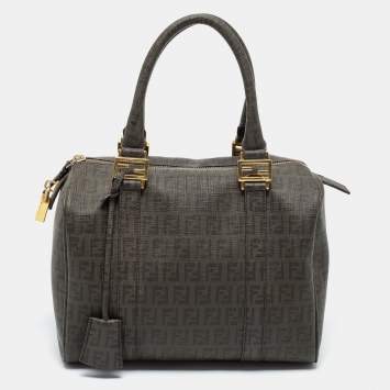 Pre Owned Fendi Grey Zucchino Coated Canvas Forever Bauletto Boston Bag