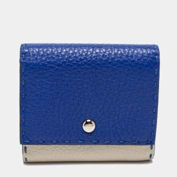 Pre Owned Fendi Blue/Light Grey Selleria Leather Trifold Compact Wallet