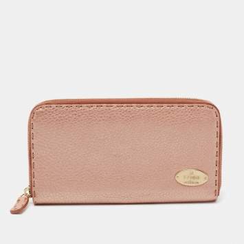 Pre Owned Fendi Metallic Rose Gold Leather Selleria Zip Around Wallet