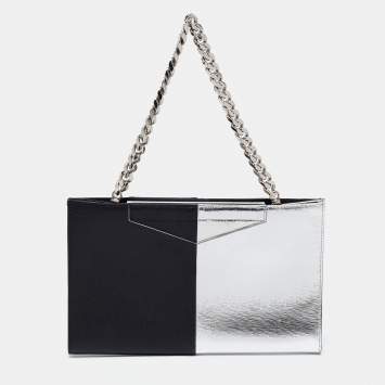 Pre Owned Fendi Black/Silver Leather Chain Clutch