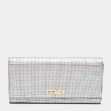 Pre Owned Fendi Silver Leather Logo Flap Continental Wallet