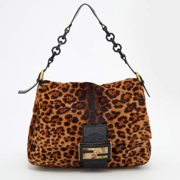 Pre Owned Fendi Brown/Beige Leopard Print Calf Hair And Patent Leather Mama Forever Baguette Shoulder Bag