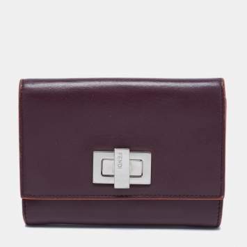 Pre Owned Fendi Burgundy Leather Peekaboo Compact Wallet