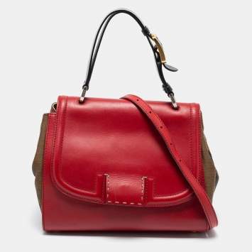 Pre Owned Fendi Red/Brown Leather and Pequin Stripe Canvas Silvana Top Handle Bag