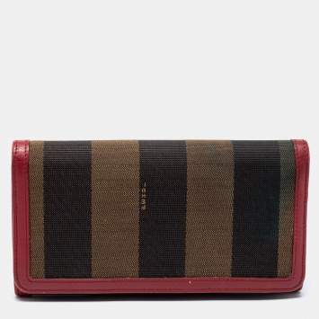 Pre Owned Fendi Brown/Red Pequin Stripe Canvas And Leather Flap Continental Wallet