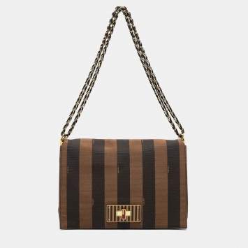 Pre Owned Fendi Tobacco Pequin Canvas Large Claudia Shoulder Bag