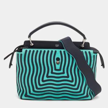 Pre Owned Fendi Mint Green/Black Leather And Suede Wave Dotcom Top Handle Bag