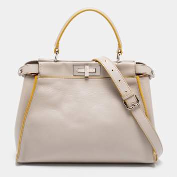 Pre Owned Fendi Light Beige Leather Peekaboo Medium Top Handle Bag