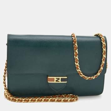 Pre Owned Fendi Dark Green/Tan Leather FF Flap Wallet On Chain