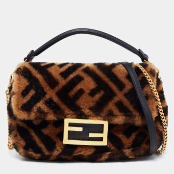 Pre Owned Fendi Brown Sheepskin Mini Baguette Shoulder Bag