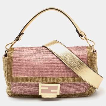Pre Owned Fendi Pink/Gold Sequins Flap Baguette Bag
