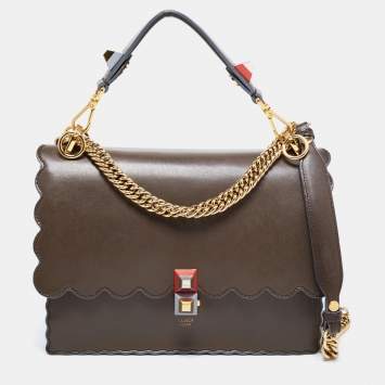 Pre Owned Fendi Brown/Blue Scalloped Leather Medium Kan I Shoulder Bag