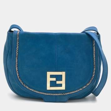 Pre Owned Fendi Blue Shimmering Leather Flap Crossbody Bag
