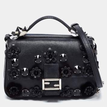 Pre Owned Fendi Blue/Black Flowerland Leather Double Micro Baguette Bag