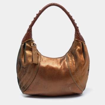 Pre Owned Fendi Metallic Bronze Holographic Fortuny Leather Spy Hobo