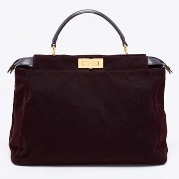 Pre Owned Fendi Burgundy/Black Fabric And Leather Large Peekaboo Top Handle Bag
