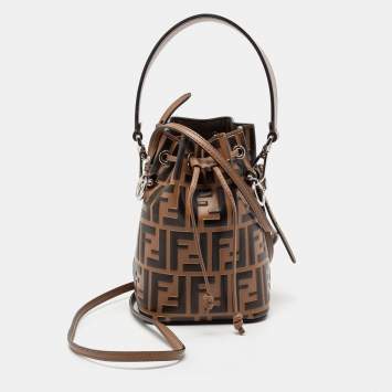 Pre Owned Fendi Brown FF Embossed Leather Mini Mon Tresor Bucket Bag