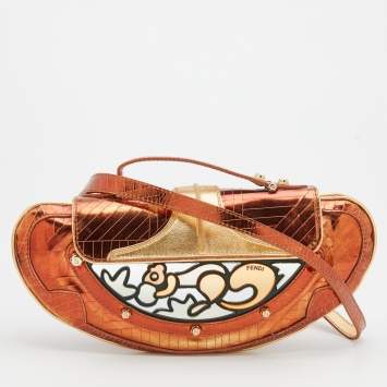 Pre Owned Fendi Bronze/Gold Leather Vanity Mirror Clutch