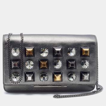 Pre Owned Fendi Metallic Dark Grey Leather Crystal Stud Tube Wallet On Chain
