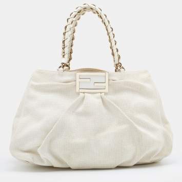 Pre Owned Fendi White Canvas/Straw and Patent Leather Large Mia Shoulder Bag
