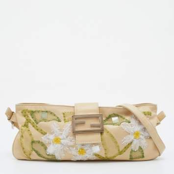 Pre Owned Fendi Light Beige Leather and Lace Embroidered Shoulder Bag