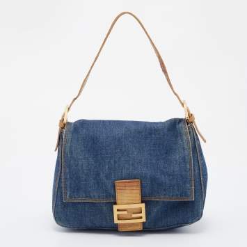 Pre Owned Fendi Blue/Beige Denim and Lizard Mama Baguette Bag