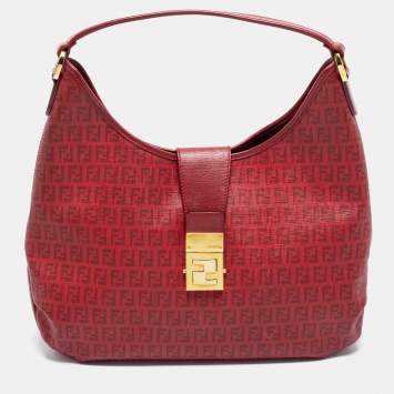 Pre Owned Fendi Red Zucca Coated Canvas And Leather Tote
