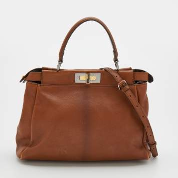 Pre Owned Fendi Brown Leather Medium Peekaboo Top Handle Bag