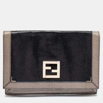 Pre Owned Fendi Black/Grey Lizard Embossed Leather Flap Clutch