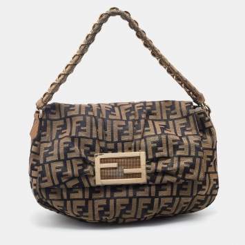 Pre Owned Fendi Gold/Beige Zucca Glitter Jacquard Fabric Mia Flap Bag