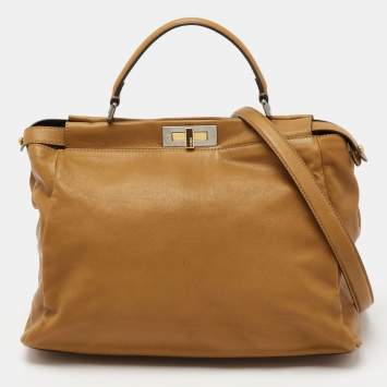 Pre Owned Fendi Brown Leather Large Peekaboo Top Handle Bag