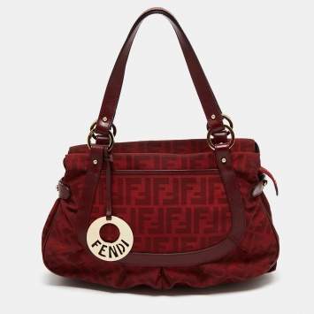 Pre Owned Fendi Red Zucca Canvas And Leather Chef Shoulder Bag