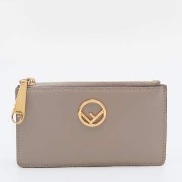 Pre Owned Fendi Grey Leather Zip Card Holder