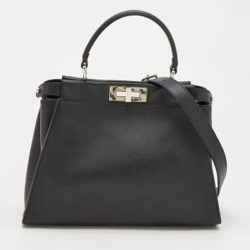 Pre Owned Fendi Black Leather Medium Peekaboo Top Handle Bag