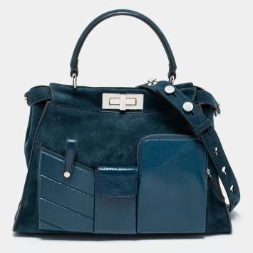 Pre Owned Fendi Blue Leather And Suede Medium Peekaboo Top Handle Bag