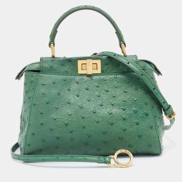 Pre Owned Fendi Green Ostrich Leather Mini Peekaboo Top Handle Bag