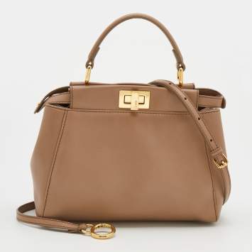 Pre Owned Fendi Taupe Leather Mini Peekaboo Top Handle Bag