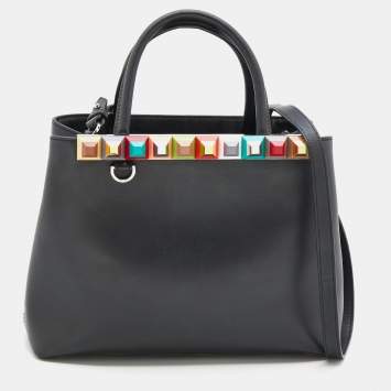 Pre Owned Fendi Black Leather Studded Petite 2Jours Tote