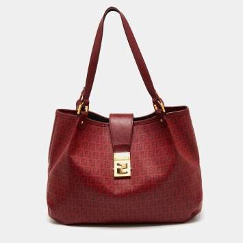 Pre Owned Fendi Red Zucchino Coated Canvas and Leather Chiusura Tote