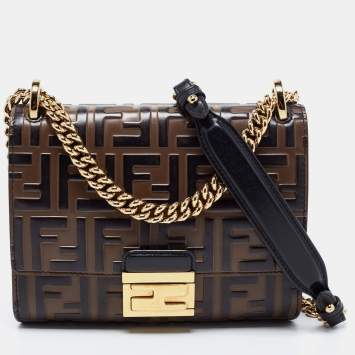 Pre Owned Fendi Black-Brown Zucca Leather Small Kan U Shoulder Bag