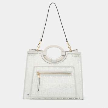 Pre Owned Fendi White Zucca PVC and Leather Runaway Shopper Tote