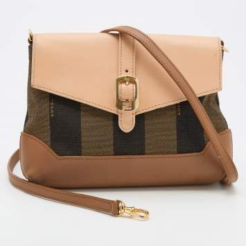 Pre Owned Fendi Brown/Beige Pequin Canvas And Leather Crossbody Bag