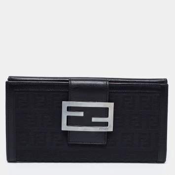 Pre Owned Fendi Black Zucchino Canvas And Leather Forever Continental Wallet