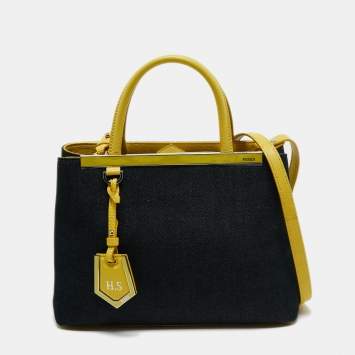 Pre Owned Fendi Navy Blue/Yellow Denim and Leather Small 2Jours Tote 