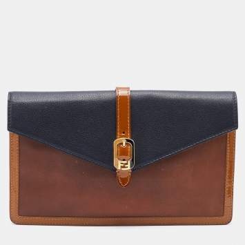 Pre Owned Fendi Black/Brown Leather and Patent Leather Trim Fendista Envelope Clutch