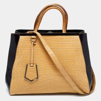 Pre Owned Fendi Beige/Black Crocodile and Patent Leather Medium 2Jours Tote